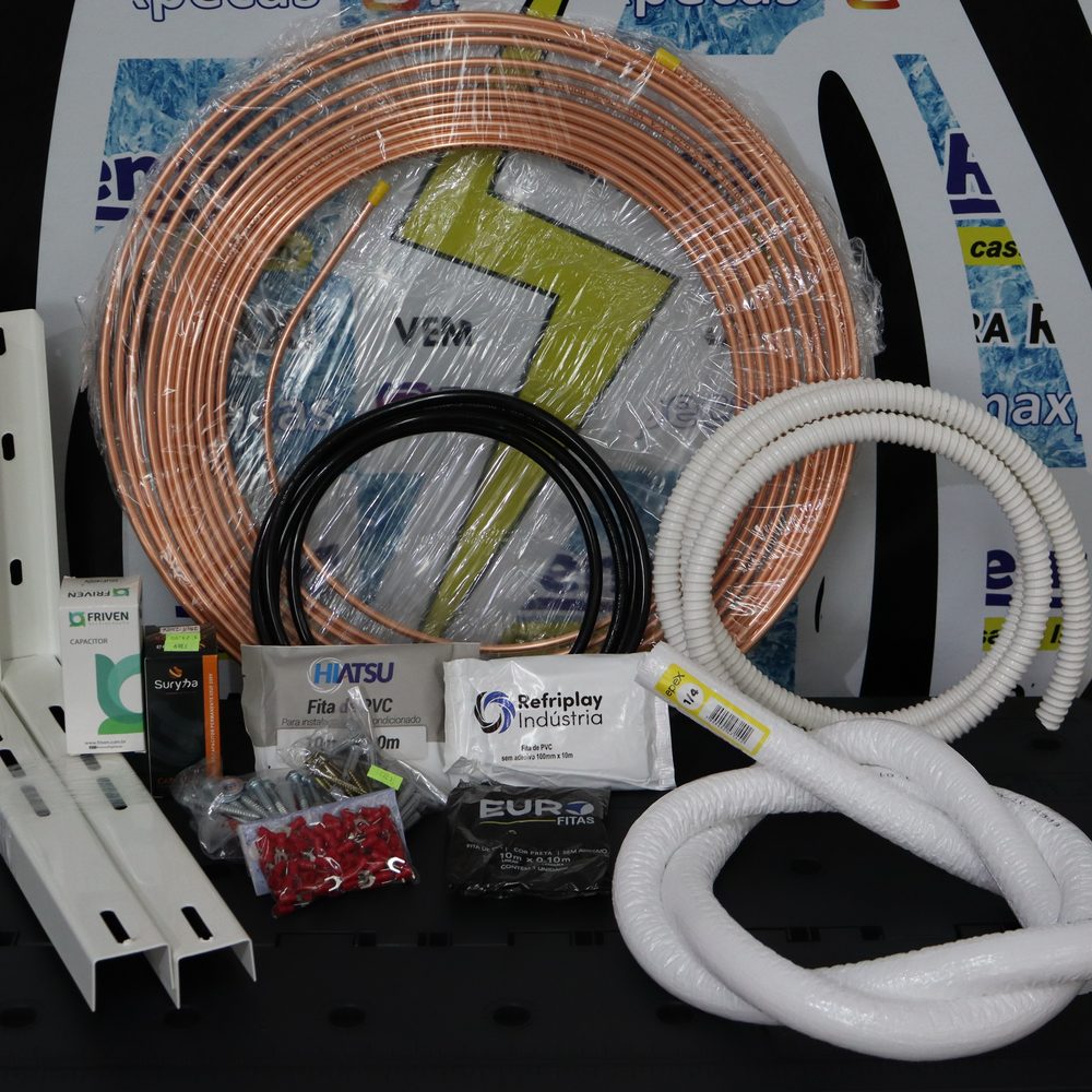 Kit completo de instalação: tubo de cobre, suportes, fitas e acessórios
